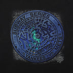 Close view of Subway Series matchup graphic on the black New York Yankees vs Mets Subway Series t-shirt