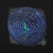 Close view of Subway Series matchup graphic on the black New York Yankees vs Mets Subway Series t-shirt