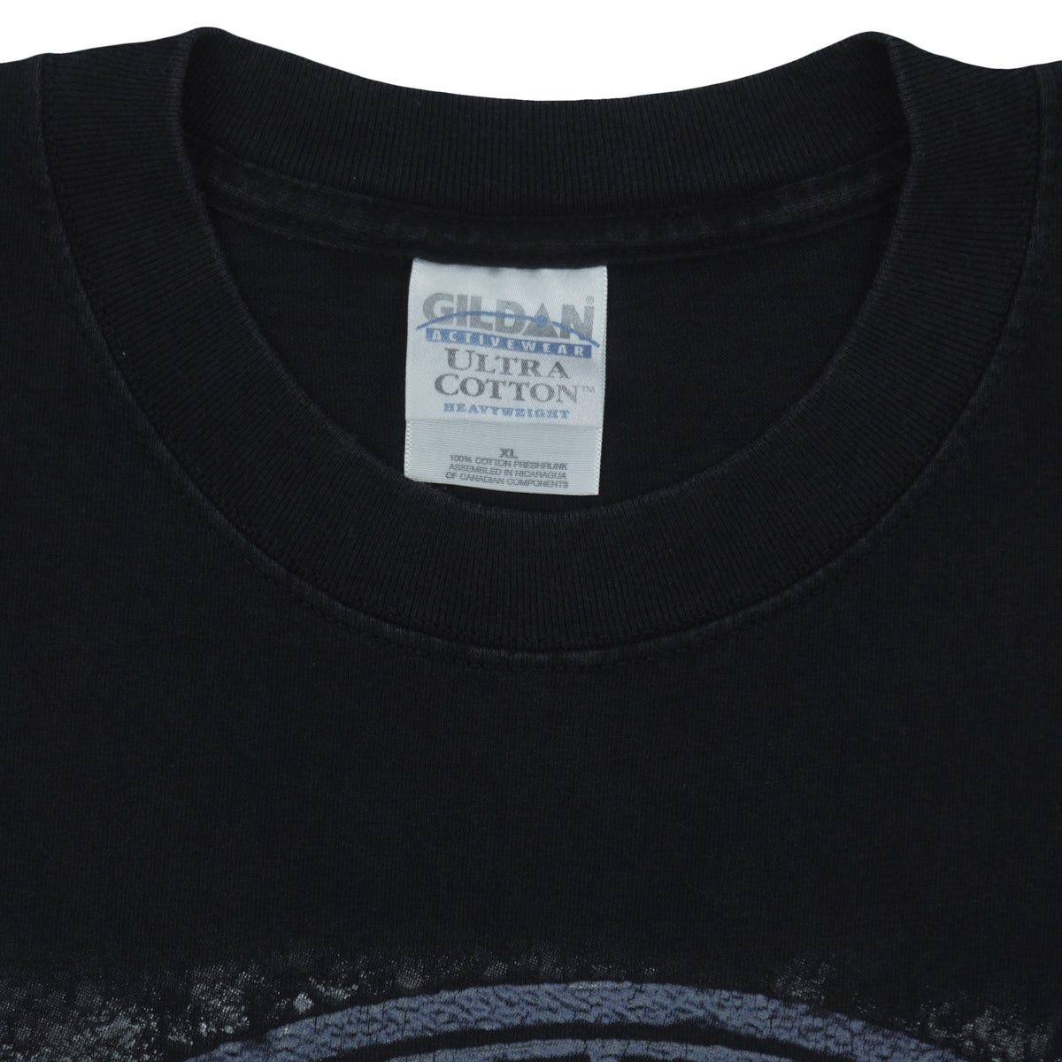 Close view of the Gildan Activewear Ultra Cotton label inside the black New York Yankees vs Mets Subway Series t-shirt