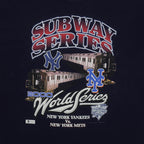 Close view of trains and team logos in the 2000 Subway World Series graphic