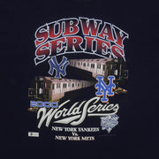 Close view of trains and team logos in the 2000 Subway World Series graphic