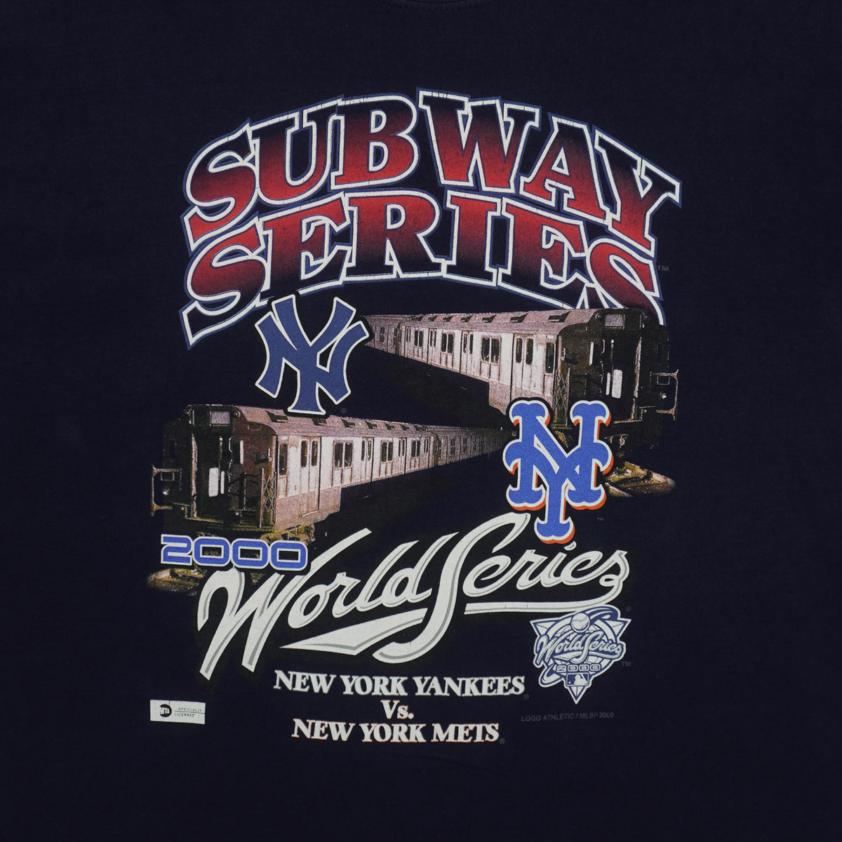 Close view of trains and team logos in the 2000 Subway World Series graphic