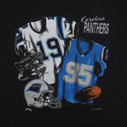 Close view of Panthers player collage on the black Carolina Panthers 1993 Player Collage t-shirt