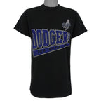 Front view of the black 1998 MLB Los Angeles Dodgers t-shirt with a large team logo graphic