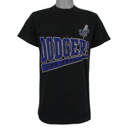 Front view of the black 1998 MLB Los Angeles Dodgers t-shirt with a large team logo graphic