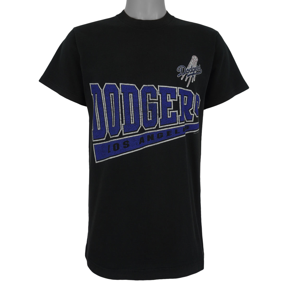Front view of the black 1998 MLB Los Angeles Dodgers t-shirt with a large team logo graphic