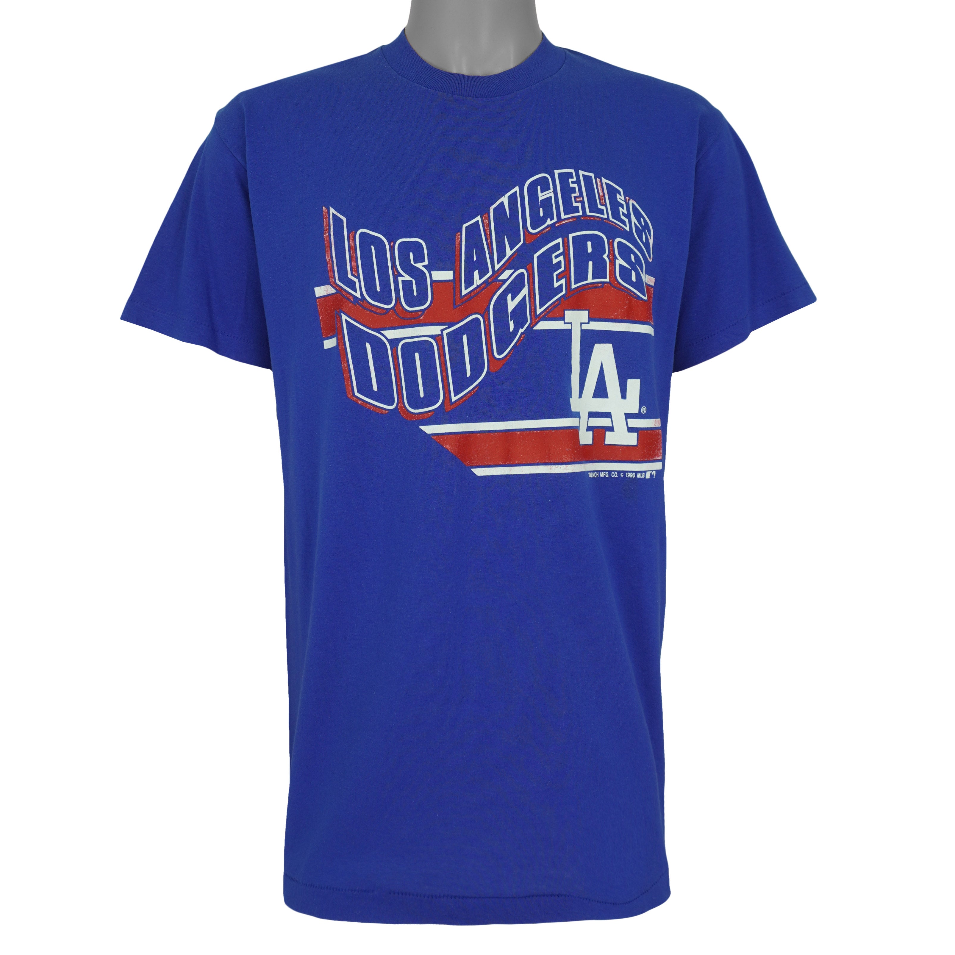 Front view of the royal blue 1990 MLB Los Angeles Dodgers Geometric Logo t-shirt by Trench