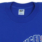 Close view of the Trench Manufacturing label inside the royal blue Los Angeles Dodgers Geometric Logo t-shirt