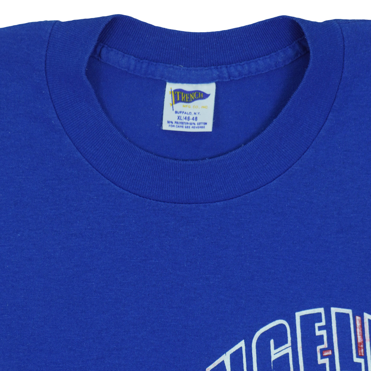 Close view of the Trench Manufacturing label inside the royal blue Los Angeles Dodgers Geometric Logo t-shirt