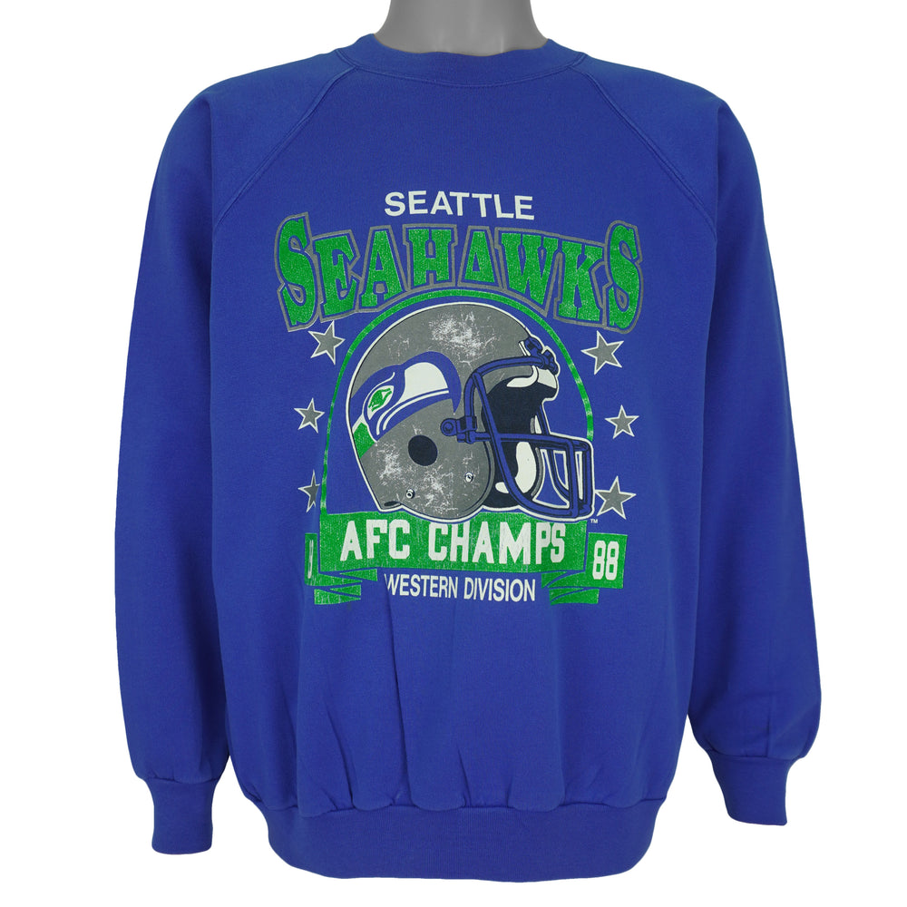 Front view of the royal blue NFL Seattle Seahawks 1988 AFC West Champions sweatshirt by Trench