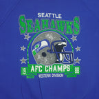 Close view of cracked print texture on the royal blue Seattle Seahawks 1988 AFC West Champions sweatshirt