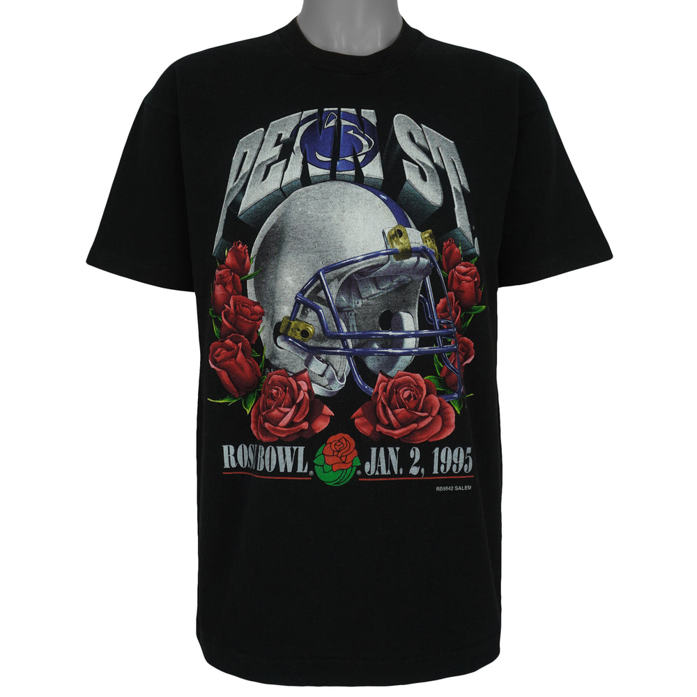 Front view of the black 1995 NCAA Penn State Rose Bowl t-shirt by Salem