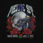 Close view of Penn State helmet and roses graphic on the black Penn State Rose Bowl t-shirt