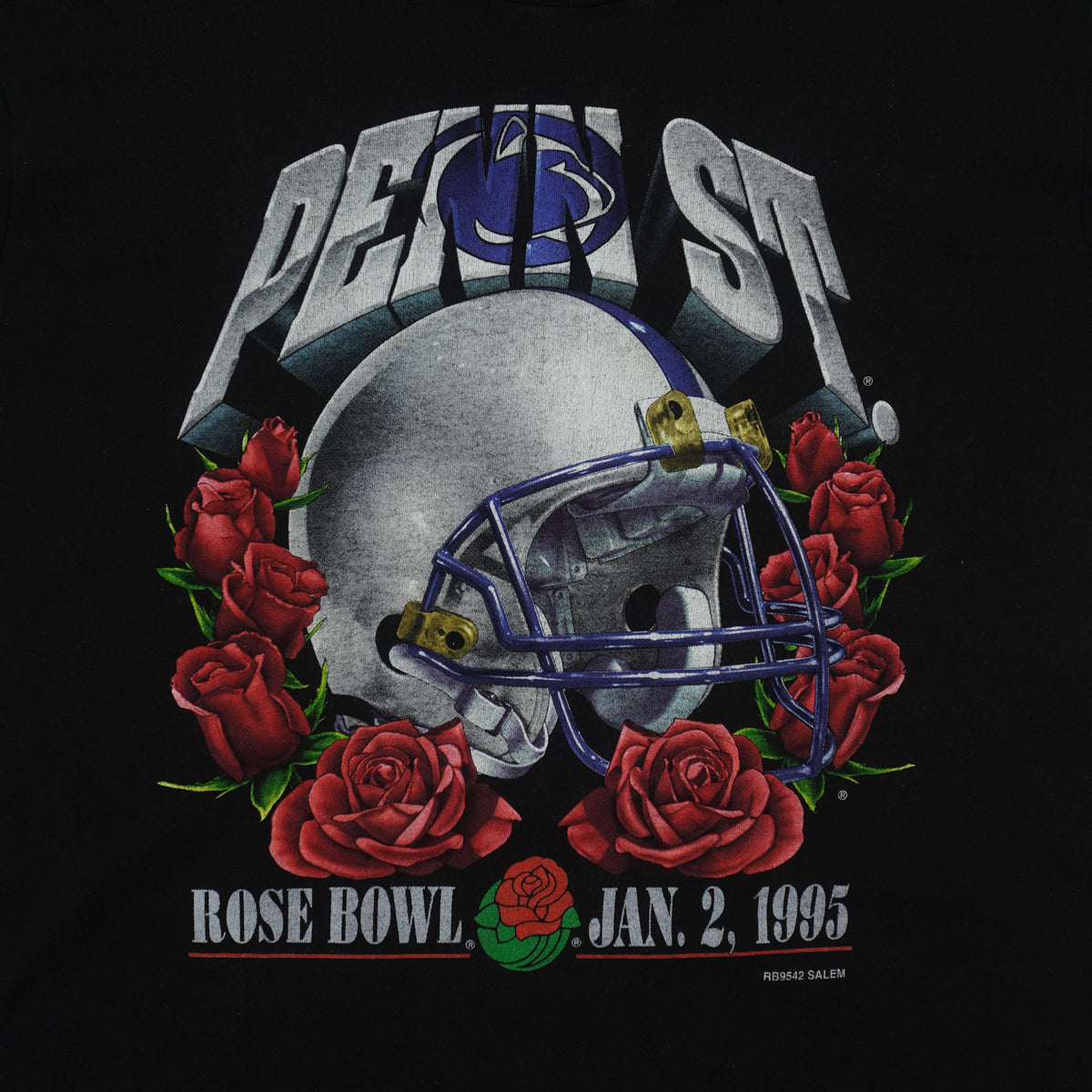 Close view of Penn State helmet and roses graphic on the black Penn State Rose Bowl t-shirt