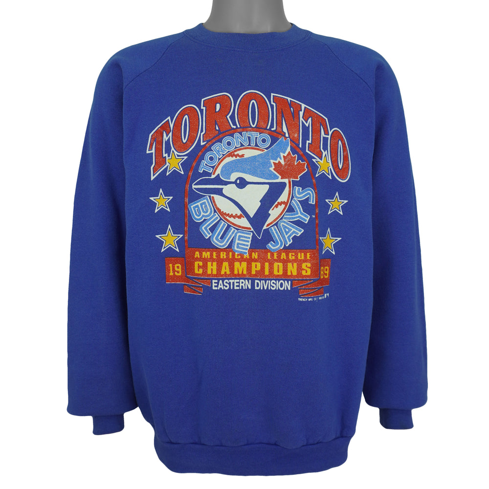 Front view of the royal blue 1989 MLB Toronto Blue Jays AL East Champions sweatshirt by Fruit Of The Loom