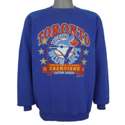Front view of the royal blue 1989 MLB Toronto Blue Jays AL East Champions sweatshirt by Fruit Of The Loom