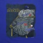 Front locker-room graphic close-up of the blue Los Angeles Dodgers locker-room graphic T-shirt