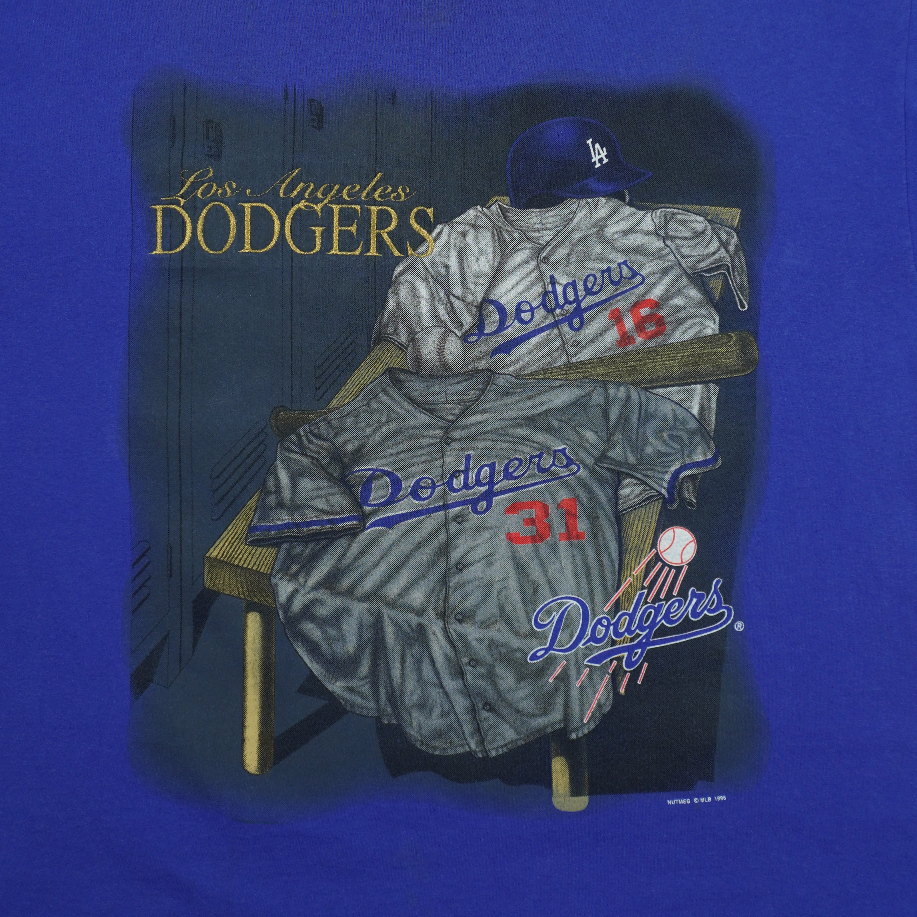Front locker-room graphic close-up of the blue Los Angeles Dodgers locker-room graphic T-shirt