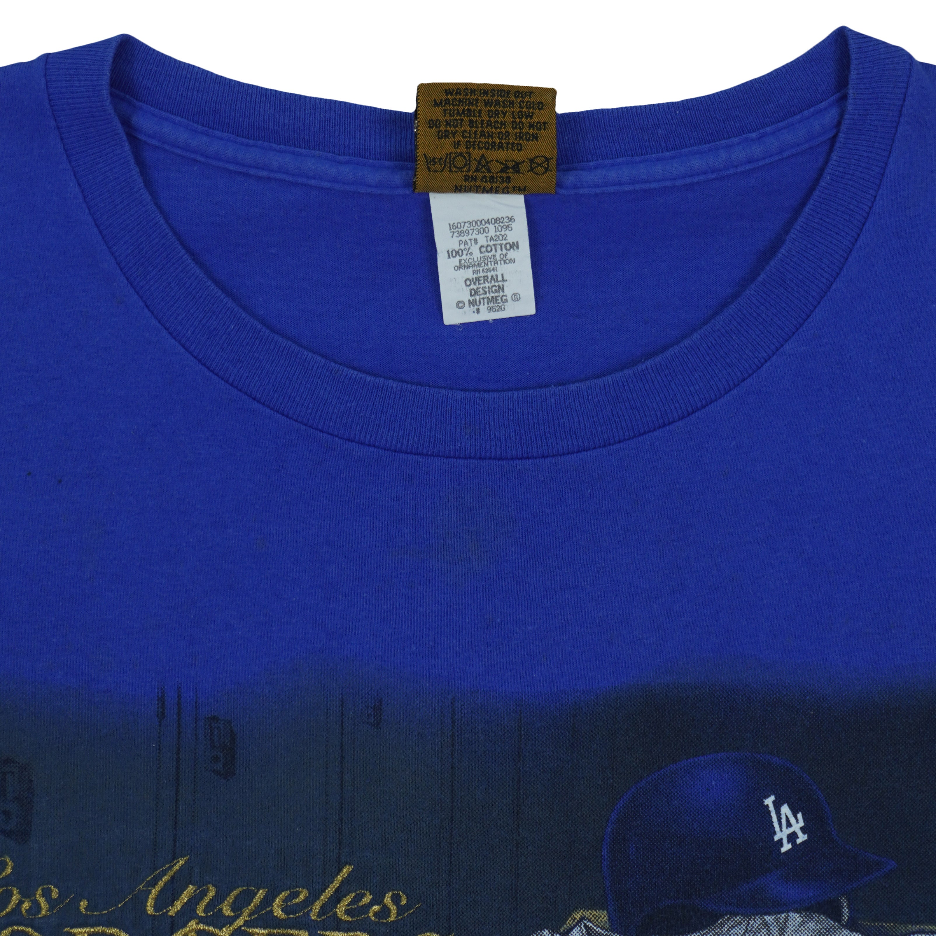 Reverse care labels inside the blue Nutmeg Dodgers T-shirt collar