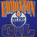 Front Oilers graphic close-up of the blue Edmonton Oilers double-sided graphic T-shirt