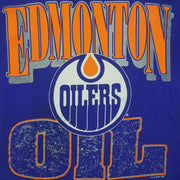 Front Oilers graphic close-up of the blue Edmonton Oilers double-sided graphic T-shirt