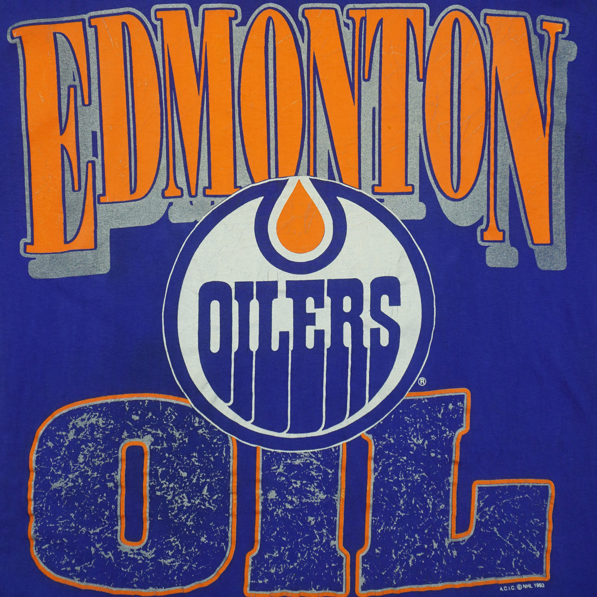 Front Oilers graphic close-up of the blue Edmonton Oilers double-sided graphic T-shirt