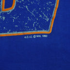 Screen cracking and NHL copyright detail of the blue Edmonton Oilers double-sided graphic T-shirt
