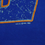 Screen cracking and NHL copyright detail of the blue Edmonton Oilers double-sided graphic T-shirt