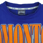 Softwear Athletics neck label close-up of the blue Edmonton Oilers double-sided graphic T-shirt