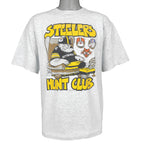 Full front view of the gray Pittsburgh Steelers Hunt Club T-shirt with football fan cartoon graphic