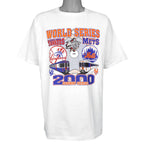 Full front view of the white Yankees and Mets 2000 Subway Series T-shirt with team logos and train graphic