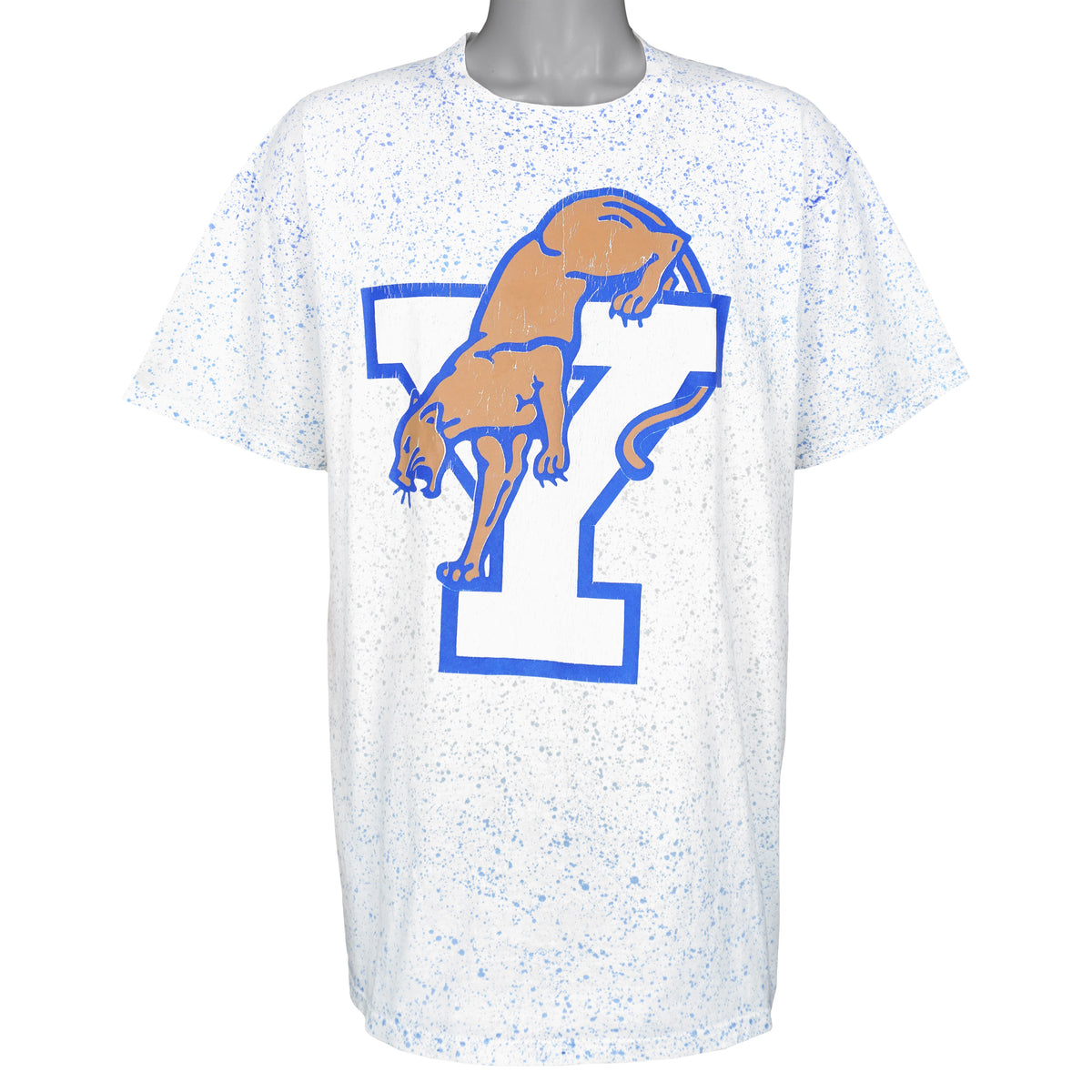 Full front view of the white and blue speckled BYU Cougars T-shirt with tan cougar over a large letter graphic