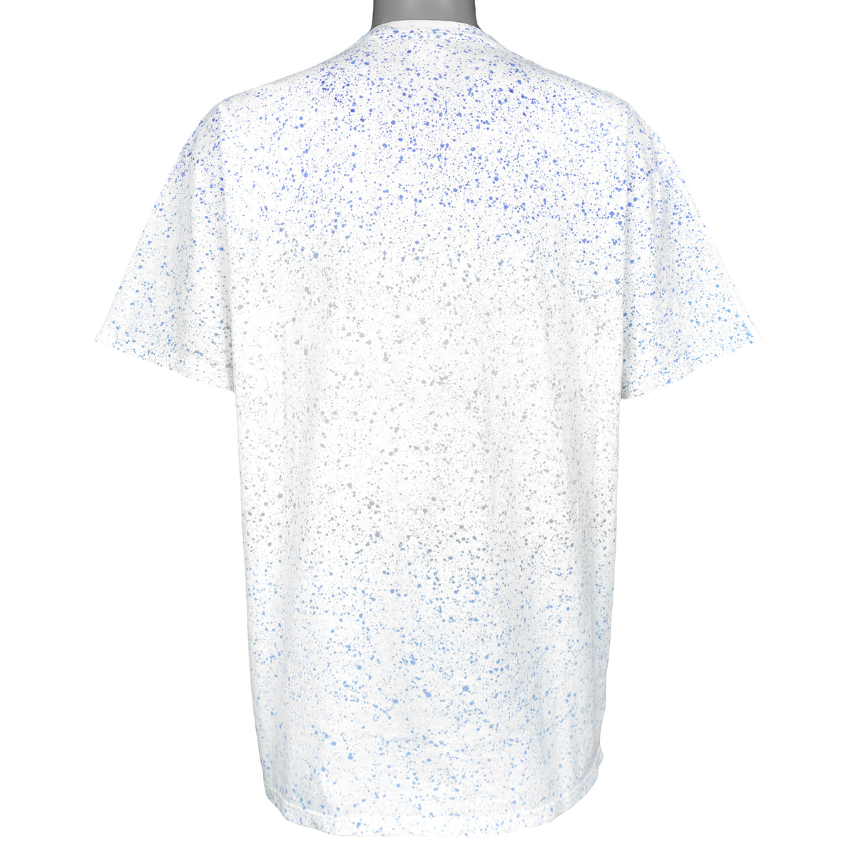Full back view of the white BYU T-shirt with blue and gray speckled pattern