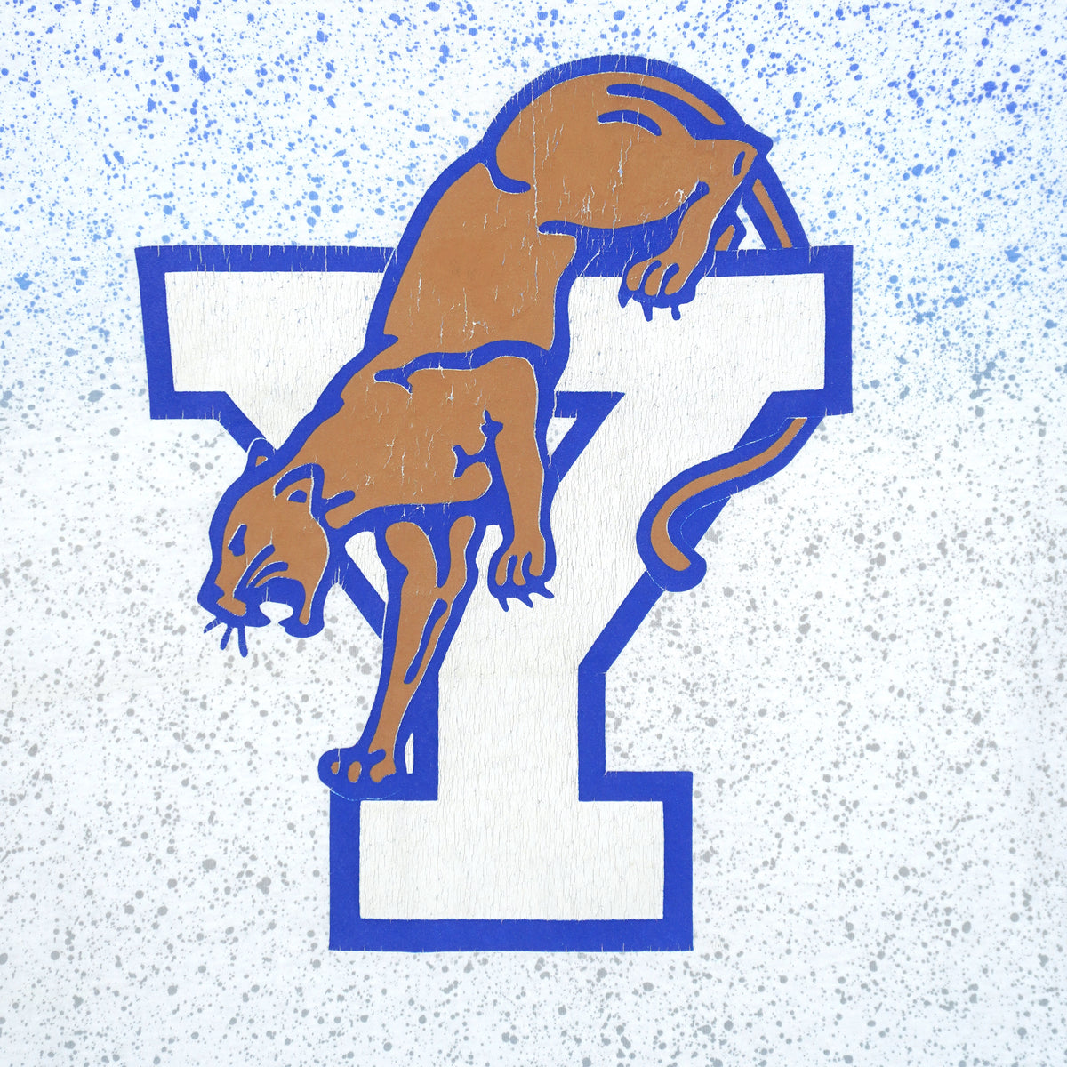 Close-up of the front BYU graphic with tan cougar artwork over a cracked blue outlined letter