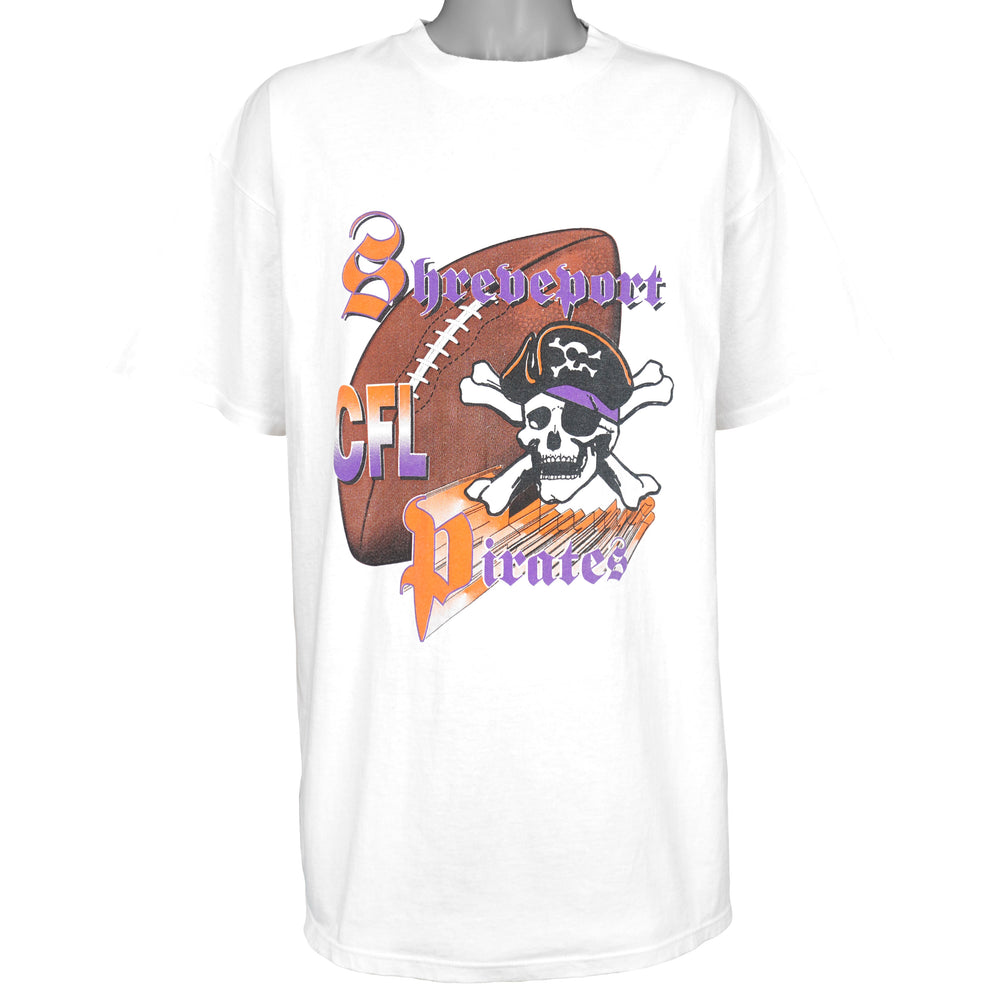 White T-shirt with a Shreveport Pirates football and skull graphic