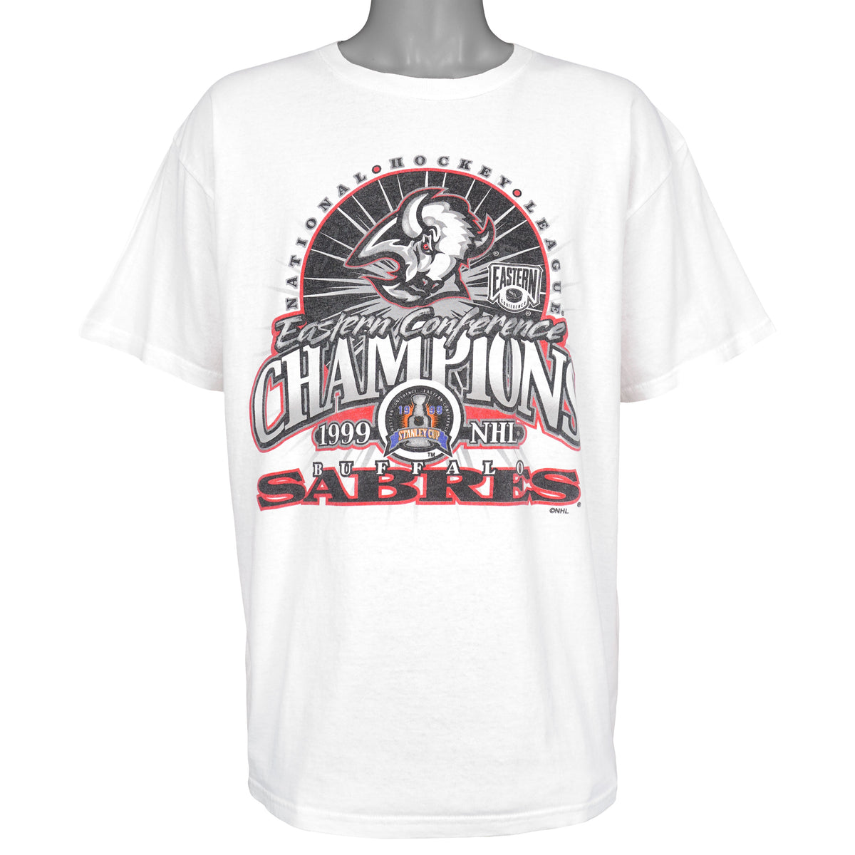 White T-shirt with Buffalo Sabres 1999 Eastern Conference champions graphic