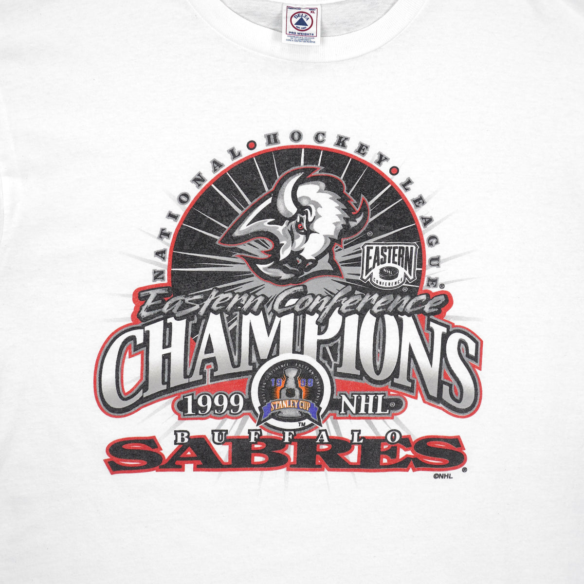Front graphic close-up of the white Buffalo Sabres Eastern Conference Champions T-shirt