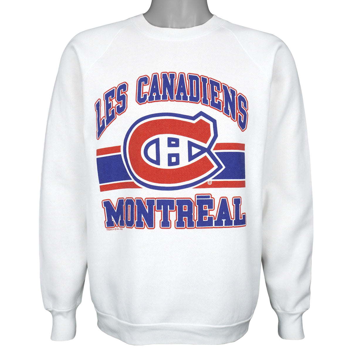 White sweatshirt with large red and blue Montreal Canadiens emblem