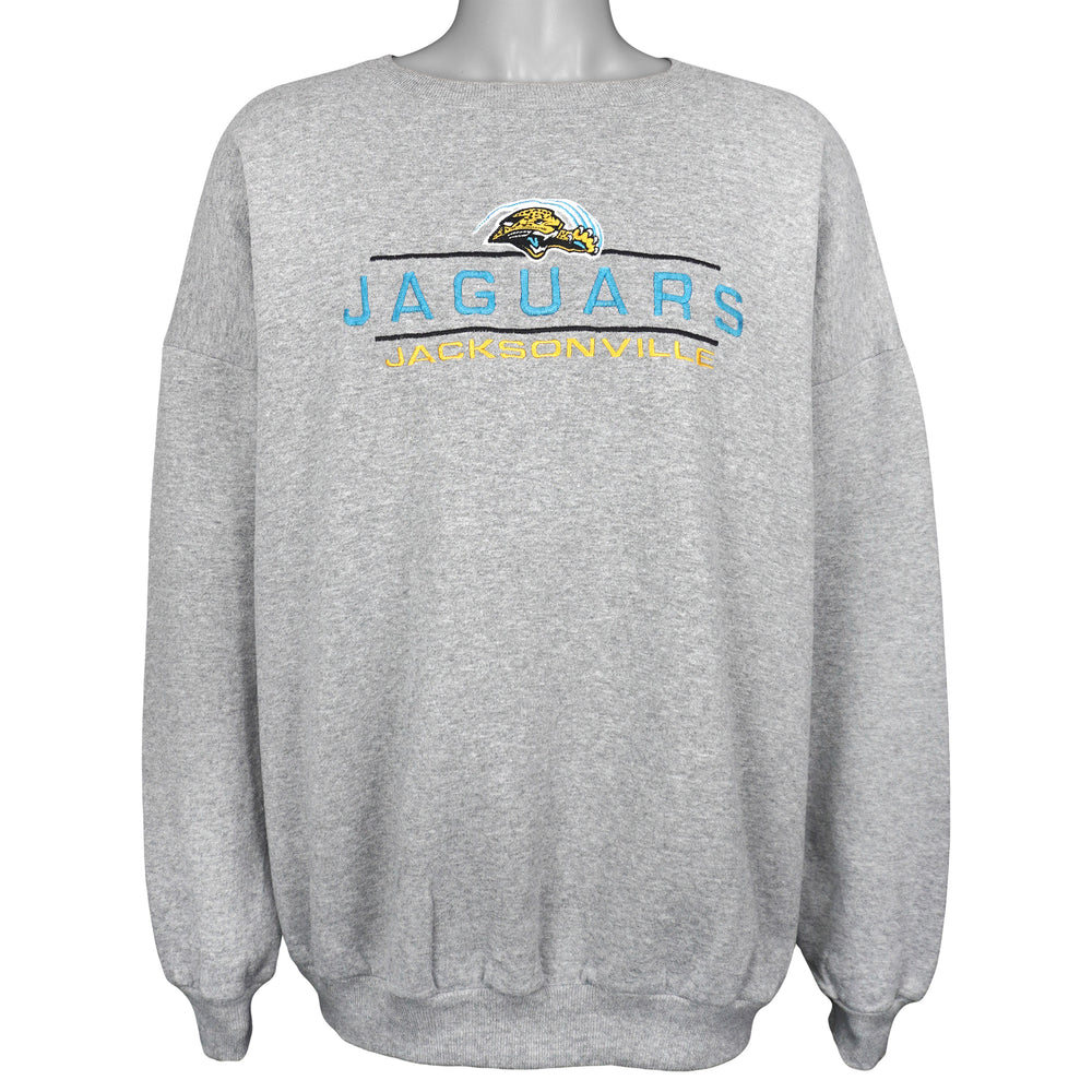 Gray sweatshirt with embroidered Jacksonville Jaguars logo and lettering
