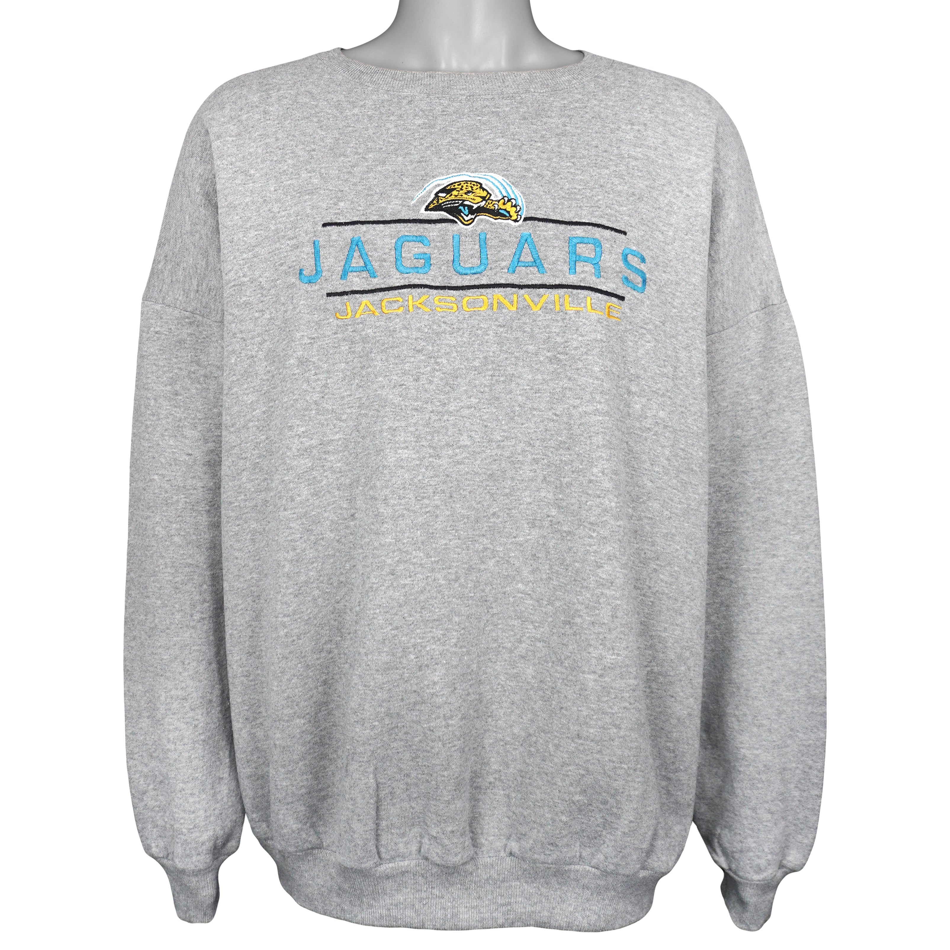 Gray sweatshirt with embroidered Jacksonville Jaguars logo and lettering