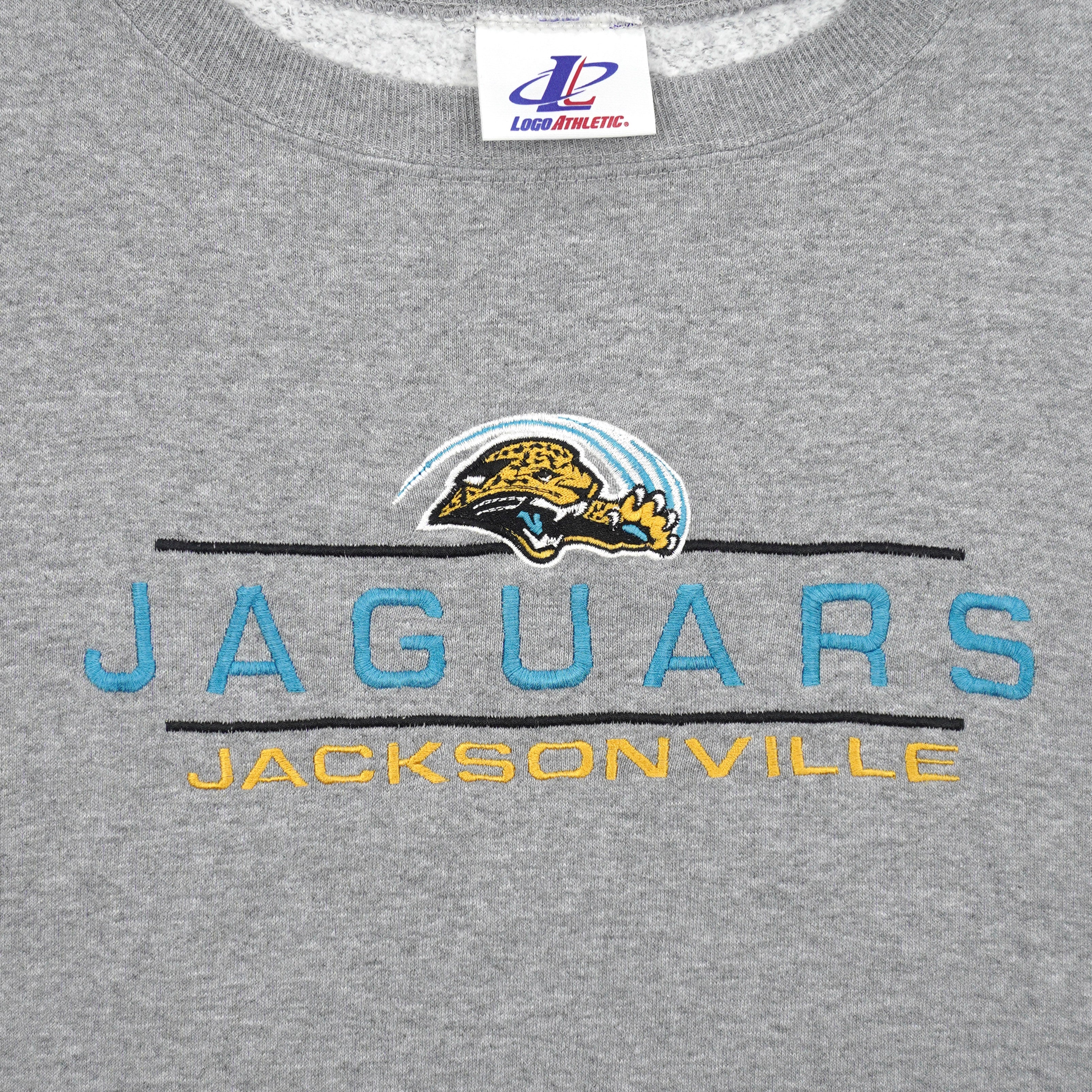 Embroidered Jaguars wordmark and jaguar-head logo on gray fabric
