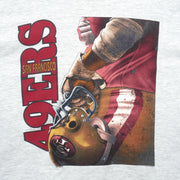 Construction detail close-up of the gray San Francisco 49ers player montage T-shirt