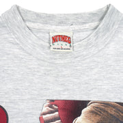 Neck and maker label close-up of the gray San Francisco 49ers player montage T-shirt