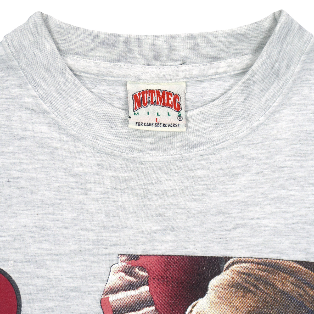 Neck and maker label close-up of the gray San Francisco 49ers player montage T-shirt
