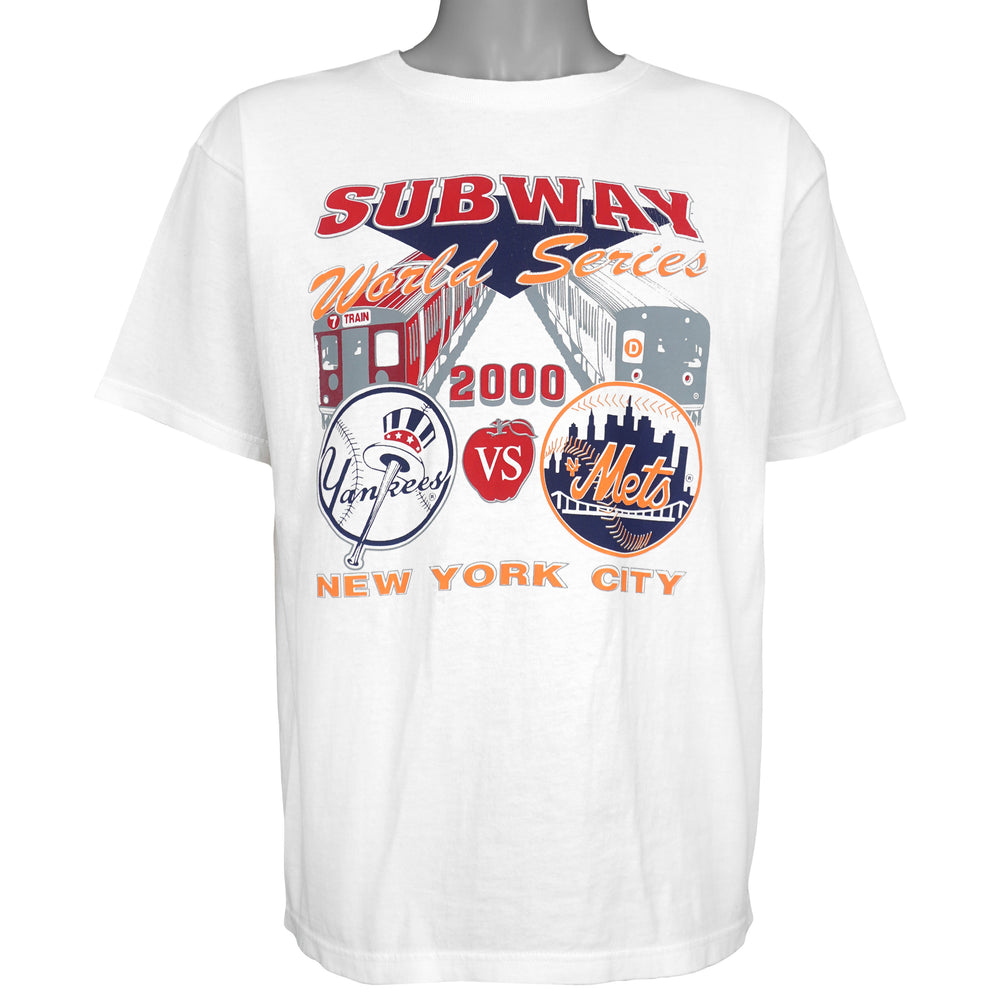 White Yankees vs Mets Subway World Series T-shirt with train graphic