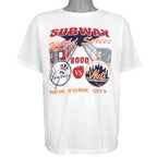 White Yankees vs Mets Subway World Series T-shirt with train graphic