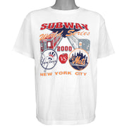 White Yankees vs Mets Subway World Series T-shirt with train graphic