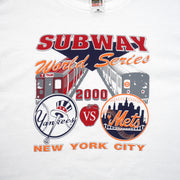 Front graphic close-up of the white New York 2000 Subway World Series T-shirt
