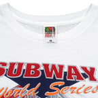 Neck and maker label close-up of the white New York 2000 Subway World Series T-shirt