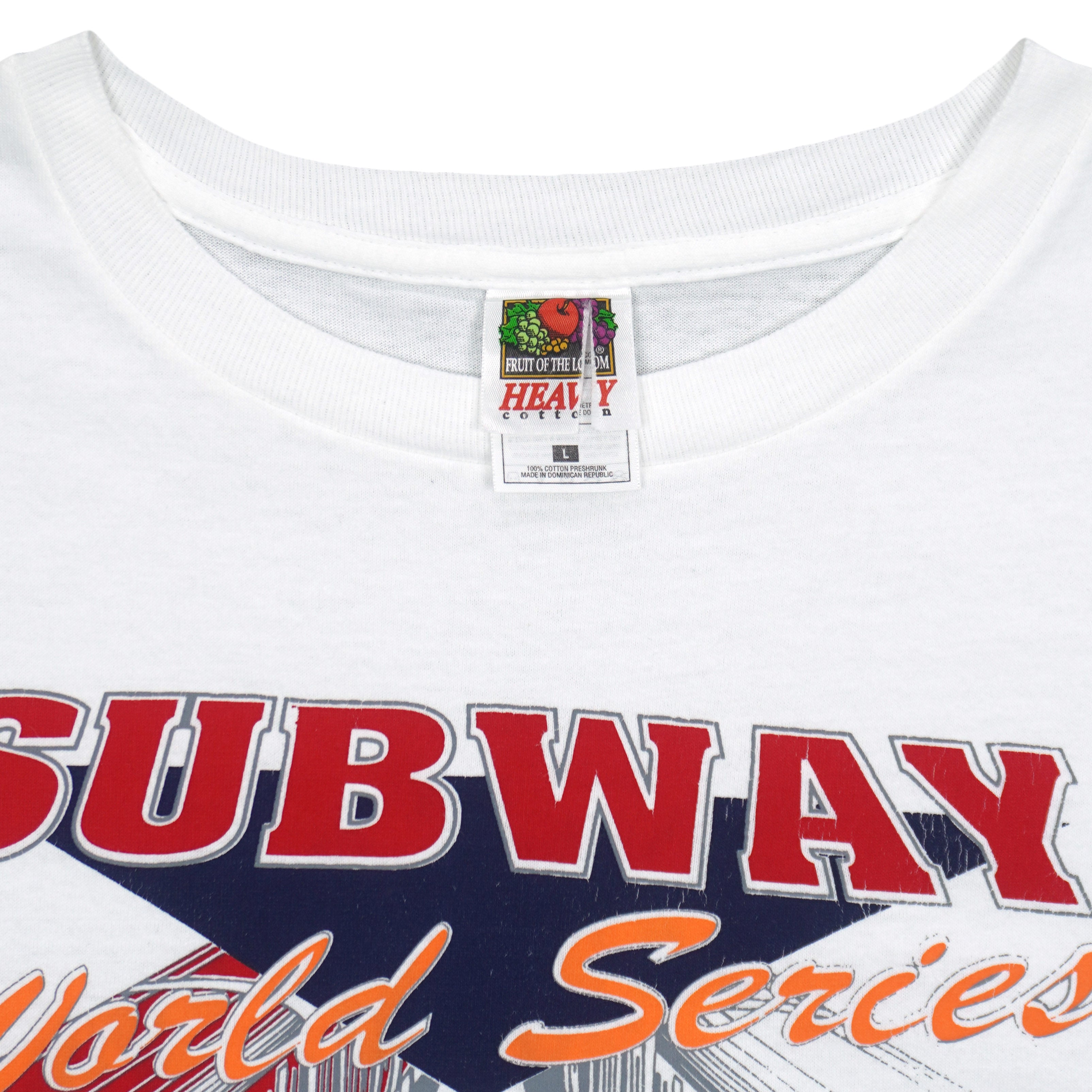 Neck and maker label close-up of the white New York 2000 Subway World Series T-shirt